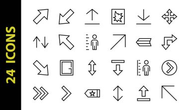 Satır okları, yönler, oklar, duraklama, devam, doğrudan sağa, düzenlenebilir vuruş gibi simgeler içerir. 480x480, Beyaz arkaplanda, Vektör illüstrasyonu.