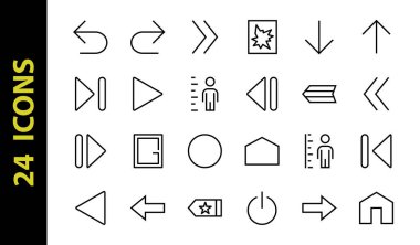 Satır okları, yönler, oklar, duraklama, devam, doğrudan sağa, düzenlenebilir vuruş gibi simgeler içerir. 480x480, Beyaz arkaplanda, Vektör illüstrasyonu.