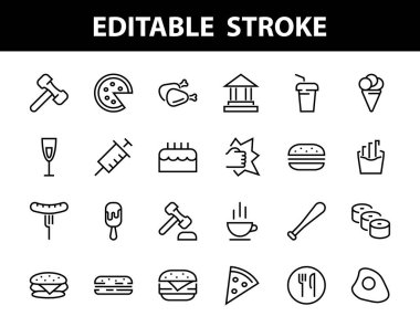   Vektör çizgisi ile ilgili basit bir fast food ikonu seti. Pizza, burger, suşi, bisiklet, çırpılmış yumurta ve daha fazlası gibi ikonlar içerir. Edilebilir felç. 480x480 piksel mükemmel, EPS 10