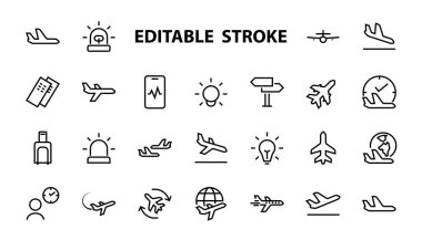  Basit bir havaalanı bağlantılı vektör çizgisi simgesi seti. Gidiş, kalkış, bekleme, biniş, bilet ve daha fazlası için bir yer bulmak gibi rozetler içeriyor. Düzenlenebilir felç. 48x48 piksel