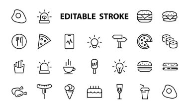   Vektör çizgisi ile ilgili basit bir fast food ikonu seti. Pizza, burger, suşi, bisiklet, çırpılmış yumurta ve daha fazlası gibi ikonlar içerir. Edilebilir felç. 480x480 piksel mükemmel, EPS 10