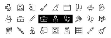 KITCHEN ICON Yemek pişirme süreci, mutfak araçları, simge seti, ince çizgi vektörü blender, fırın, bıçak, rende, barbekü, apron, barbekü, ızgara, kahve makinesi, mutfak eldiveni, düzenlenebilir felç