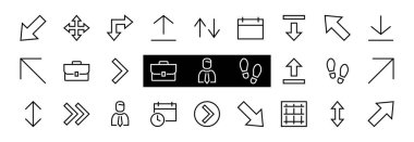 Satır okları, yönler, oklar, duraklama, devam, doğrudan sağa, düzenlenebilir vuruş gibi simgeler içerir. 480x480, Beyaz arkaplanda, Vektör illüstrasyonu