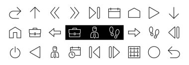 Satır okları, yönler, oklar, duraklama, devam, doğrudan sağa, düzenlenebilir vuruş gibi simgeler içerir. 480x480, Beyaz arkaplanda, Vektör illüstrasyonu