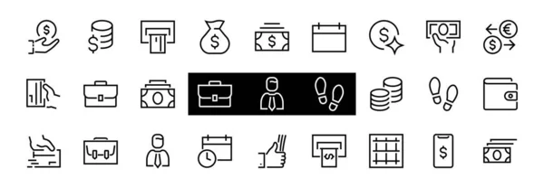 BUSINESS ve FINANCE İnce Satır Simgesi kümesi, Sikkeler, Para Takası, Kart Ödemesi, Terminal ve daha fazlası, Düzenlenebilir Satır, Vektör Resimleri gibi simgeler içerir