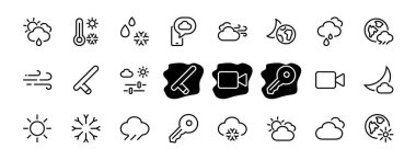 Hava durumu ikonları, hava tahmini ve bulutlar, rüzgar, yağmur, kar, hava durumu ve güneşli hava gibi ikonlar. Düzenlenebilir vuruş, basit vektör çizgileri