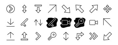 Satır okları, yönler, oklar, duraklama, devam, doğrudan sağa, düzenlenebilir vuruş gibi simgeler içerir. 480x480, Beyaz arkaplanda, Vektör illüstrasyonu