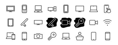 SMART aygıtları ve aygıtlar doğrusal simgeler seti, vektör, simgeler bilgisayar, kamera, dizüstü bilgisayar, telefon, web aygıtları, elektronik cihazlar ve daha fazlasını içerir. Düzenlenebilir vuruş