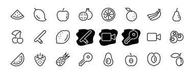 Meyve Simgesi Seti, Vektör satırları, elma, muz, kiraz, limon, karpuz, Avokado Düzenleme vuruşu, 48x48 piksel, beyaz arkaplan, 10