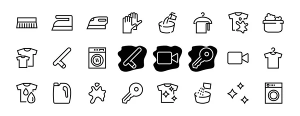 Simple set of washing related vector line Icons. Contains icons such as washing machine, powder, laundry, dirty t-shirt and much more. On a white background, editable stroke. 48x48 pixels perfect — Stock Vector