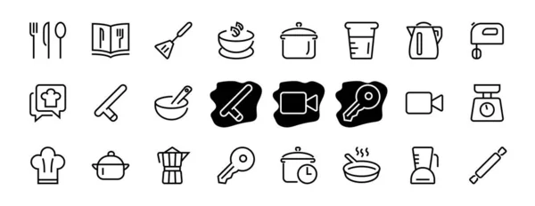 Conjunto de iconos para cocinar y cocina, líneas vectoriales, contiene iconos como un cuchillo, cacerola, tiempo de ebullición, mezclador, escalas, libro de recetas. Carrera editable, perfecto 480x480 píxeles, fondo blanco — Archivo Imágenes Vectoriales