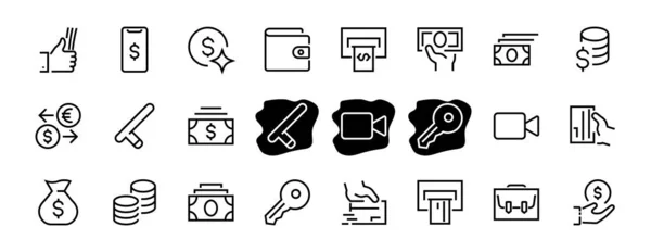BUSINESS e FINANCE Thin Line Icon Set, contém ícones como Moedas, Câmbios, Pagamento de Cartões, Terminal e muito mais, Linha Editável, Ilustração de Vetores — Vetor de Stock