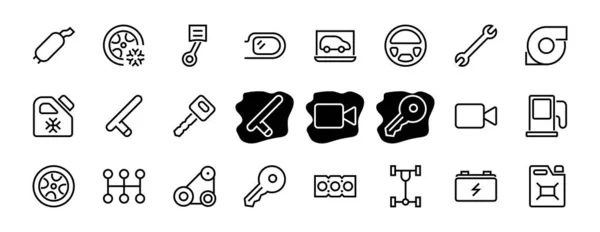 AUTO PARTS Set of Icons related vector line icons. Contains icons such as parts, oil, diagnostics, turbine, steering wheel, key, chassis, gearbox and much more. Editable stroke — Stock Vector