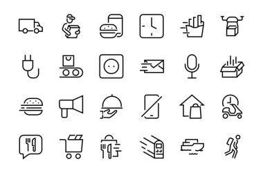 PIZA DELIVERY, ve Food Icon Set Vector ince hattı, kurye, ev teslimatı, yemek siparişi, hızlı ulaşım, İHA, gemi, araba, düzenlenebilir felç içerir. ICONS devreleri