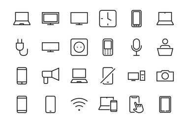 SMART aygıtları ve aygıtlar doğrusal simgeler seti, vektör, simgeler bilgisayar, kamera, dizüstü bilgisayar, telefon, web aygıtları, elektronik cihazlar ve daha fazlasını içerir. Düzenlenebilir vuruş
