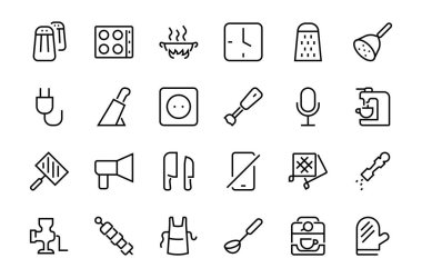 KITCHEN ICON Yemek pişirme süreci, mutfak araçları, simge seti, ince çizgi vektörü blender, fırın, bıçak, rende, barbekü, apron, barbekü, ızgara, kahve makinesi, mutfak eldiveni, düzenlenebilir felç