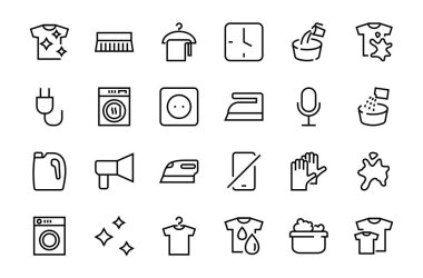  Basit çamaşır yıkama vektör çizgisi simgeleri seti. Çamaşır makinesi, toz, çamaşır, kirli tişört ve daha fazlası gibi ikonlar içerir. Beyaz arka planda, düzenlenebilir inme. 48x48 piksel mükemmel