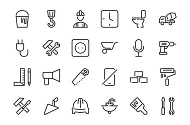 İnşaat ikonları, basit vektör çizgileri, şu ikonları içerir: inşaatçı, silindir, anahtarlı çekiç, tuvalet kabı ve daha fazlası. Düzenlenebilir felç. 48x48 piksel mükemmel, beyaz arkaplan