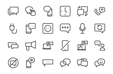 Mesaj çizgisi vektör çizgisi simgelerinin basit bir kümesi. Sohbet, SMS, bildirimler, grup sohbeti ve daha fazlası gibi simgeler içerir. Düzenlenebilir felç. 48x48 piksel mükemmel, beyaz arkaplan