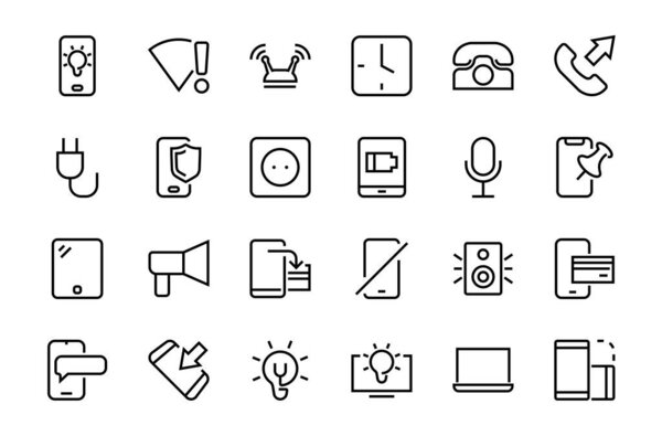 GADGET Set of vector icons of smart devices such as laptop, tablet, protection program, phone, digital network, thin line vector gadget icons, editable stroke
