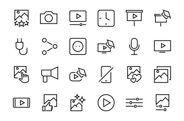Set of Images Gallery vector line icons. Contains icons such as video, play video, edit images, Business Training, like photo. Editable stroke. Vector illustration