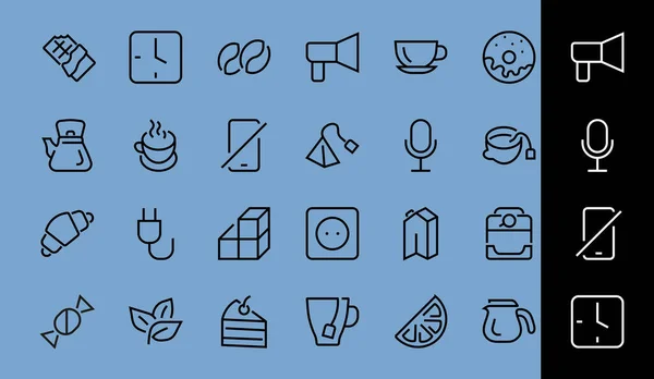 COFFEE och TEA LINEAR ICONS SET, innehåller ikoner för te, te väska, kaffebryggare, kaka, socker, tekanna, kopp, mjölk, grädde, citron, choklad bar, redigerbar stroke — Stock vektor