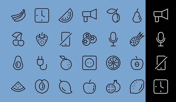 Fruit Icon Set, Linee vettoriali, Contiene icone come mela, banana, ciliegia, limone, anguria, Avocado Corsa modificabile, 48x48 pixel, sfondo bianco, eps 10 — Vettoriale Stock