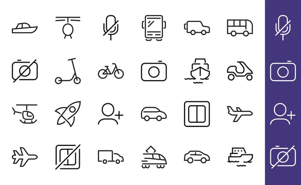 Set von Vektor-Liniensymbolen für öffentliche Verkehrsmittel. Enthält Symbole wie Bus, Fahrrad, Koffer, Auto, Roller, LKW, Transport, Trolleybus, Segelboot, Motorboot, Flugzeug und vieles mehr. Essbarer Schlaganfall. — Stockvektor