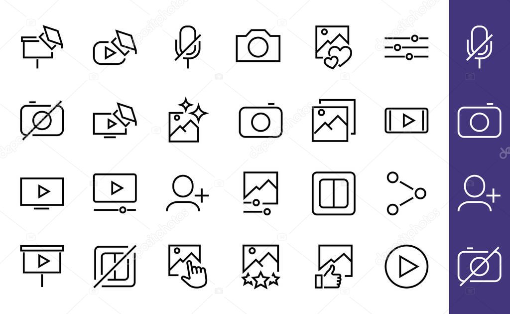 Set of Images Gallery vector line icons. Contains icons such as video, play video, edit images, Business Training, like photo. Editable stroke. Vector illustration