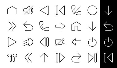 Satır okları, yönler, oklar, duraklama, devam, doğrudan sağa, düzenlenebilir vuruş gibi simgeler içerir. 480x480, Beyaz arkaplanda, Vektör illüstrasyonu