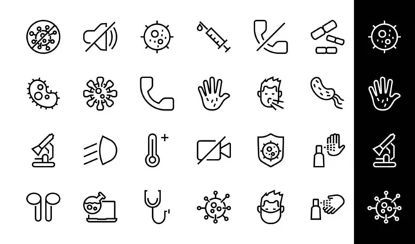 CORONAVIRUS Eine Reihe von Symbolen zum Thema Coronavirus, enthält Symbole wie ein Antiseptikum, Händewaschen, Masken, Bakterien, Niesen, Temperatur, Virus, dünne Linien, editierbare Schlaganfall, Vektor — Stockvektor
