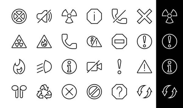 AVERTISSEMENTS ensemble simple d'icônes vectorielles de ligne mince. Contient des icônes telles que avertissement, point d'exclamation, réutilisation, panneau d'avertissement et plus encore. Course modifiable. Illustration vectorielle — Image vectorielle