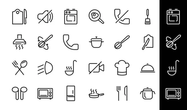 Conjunto de iconos de cocina y cocina, líneas vectoriales, contiene iconos como sartén, freír, microondas, tenedor con cuchara, carrera editable, perfecto 480x480 píxeles, fondo blanco. — Vector de stock