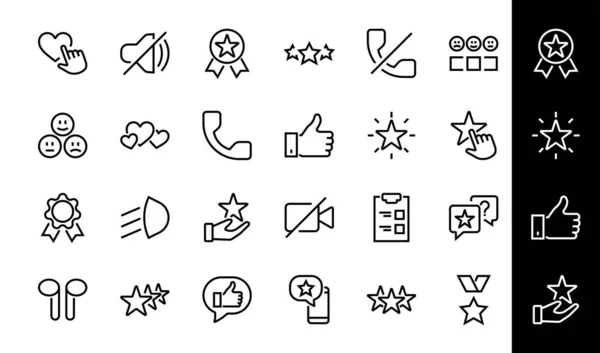 簡単なフィードバックを設定し、細い線のアイコンをレビューする。評価、レビュー、スター、いいねなど、編集可能なストローク。ベクターイラスト — ストックベクタ