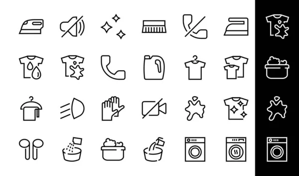 Einfaches Set waschbezogener Vektorzeilen-Symbole. Enthält Symbole wie Waschmaschine, Puder, Wäsche, schmutzige T-Shirts und vieles mehr. Auf weißem Hintergrund, editierbarer Strich. 48x48 Pixel perfekt — Stockvektor