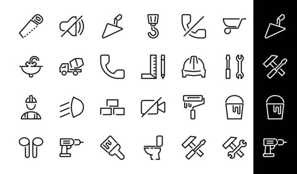 Set of construction icons, simple vector lines, contains the following icons: builder, roller, hammer with wrench, toilet bowl and much more. Editable stroke. 48x48 pixels perfect, white background — Stock Vector