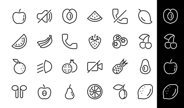 Fruit Icon Set, Linee vettoriali, Contiene icone come mela, banana, ciliegia, limone, anguria, Avocado Corsa modificabile, 48x48 pixel, sfondo bianco, eps 10 — Vettoriale Stock