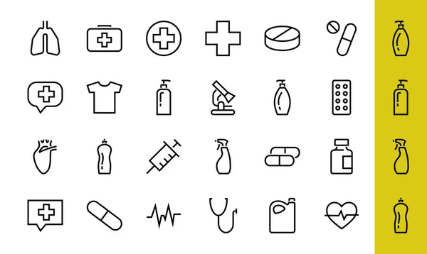 Eine einfache Reihe von Medizin-ICONS, enthält Medizin-Symbole, Pillen, verwandte Vektorzeilen-Symbole. dünne Linien, Schmerzen, Spritze, Lunge, Mikroskop, Kardiogramm, Virus und vieles mehr. Essbarer Schlaganfall. — Stockvektor