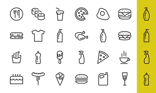 Eine einfache Reihe von Fast-Food-Symbolen im Zusammenhang mit der Vektorlinie. Enthält Symbole wie Pizza, Burger, Sushi, Fahrrad, Rührei und mehr. EDITABLE Schlaganfall. 480x480 Pixel perfekt, EPS 10 — Stockvektor