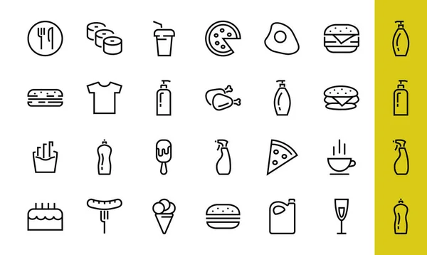 Vektör çizgisi ile ilgili basit bir fast food ikonu seti. Pizza, burger, suşi, bisiklet, çırpılmış yumurta ve daha fazlası gibi ikonlar içerir. Edilebilir felç. 480x480 piksel mükemmel, EPS 10
