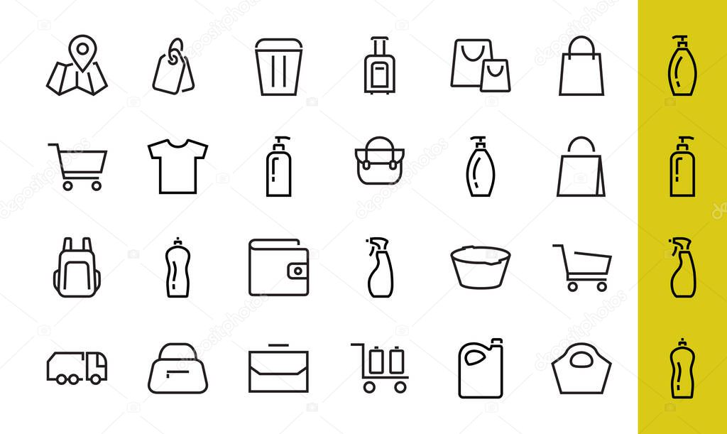 Simple set of bags, shopping and travel icons. Vector illustration Contains icons such as Card, wallet, shopping basket, discount, bowl, package. On a white background, editable stroke