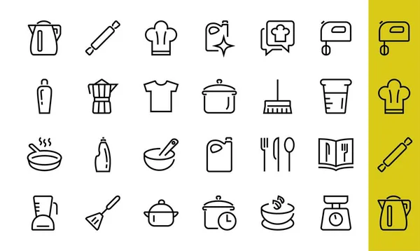 Set van pictogrammen voor koken en keuken, vector lijnen, bevat pictogrammen zoals een mes, steelpan, kooktijd, mixer, schalen, receptenboek. Aanpasbare slag, perfecte 480x480 pixels, witte achtergrond — Stockvector