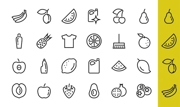 Set de iconos de frutas, Líneas vectoriales, Contiene iconos como manzana, plátano, cereza, limón, sandía, Aguacate Carrera editable, 48x48 píxeles, Fondo blanco, eps 10 — Archivo Imágenes Vectoriales