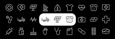 Basit bir ilaç seti ICONS, ilaç ikonları, haplar, ilgili vektör çizgisi ikonları içerir. İnce çizgiler, ağrı, şırınga, akciğerler, mikroskop, kardiyogram, virüs ve daha fazlası. Düzenlenebilir vuruş.