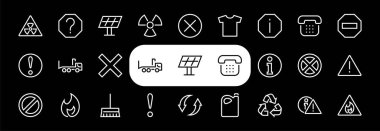 UYARI basit çizgi vektör simgeleri kümesi. Uyarı, ünlem işareti, yeniden kullanma, uyarı işareti ve daha fazlası gibi simgeler içerir. Düzenlenebilir felç. Vektör illüstrasyonu