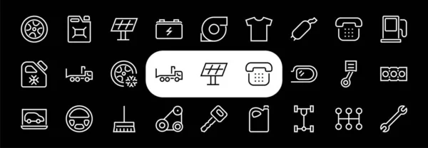 AUTO PARTS Set of Icons related vector line. Содержит такие значки, как детали, масло, диагностика, турбина, рулевое колесо, ключ, шасси, коробка передач и многое другое. Штрих к таблице — стоковый вектор