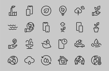 Bir dizi ECOLOGY simgesi, vektör çizgileri elektrikli araba, küresel ısınma, orman, eko, sulama bitkileri, bitkiler gibi ikonlar içerir. Düzenlenebilir felç, ekoloji