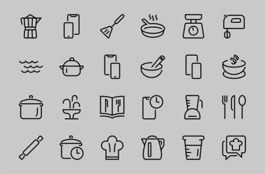 Mutfak ve yemek pişirme ikonları, vektör çizgileri, bıçak, tencere, kaynama zamanı, mikser, tartı, yemek tarifi kitabı gibi ikonlar içerir. Düzenlenebilir vuruş, mükemmel 480x480 piksel, beyaz arkaplan