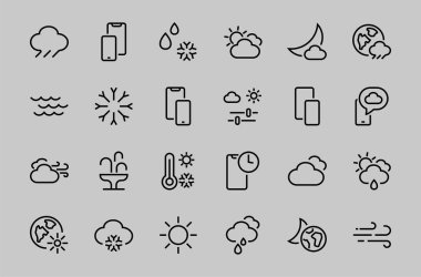 Hava durumu ikonları, hava tahmini ve bulutlar, rüzgar, yağmur, kar, hava durumu ve güneşli hava gibi ikonlar. Düzenlenebilir vuruş, basit vektör çizgileri