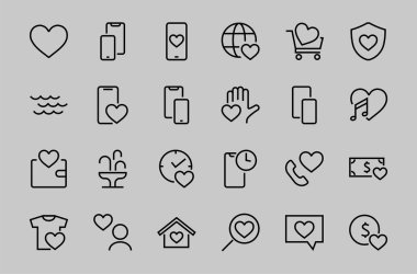  Aşk hakkındaki ikonlar müzik aşkı, aşk ilanı, kalp, favori ev, doğrusal set gibi ikonlar içerir. Beyaz arka planda bir vektör. Düzenlenebilir felç. 480x480